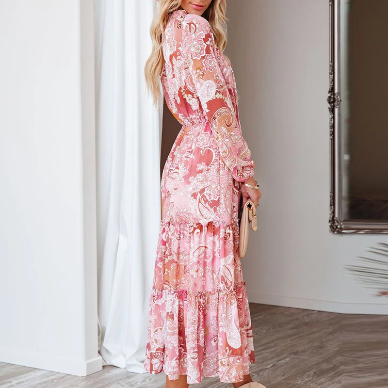 Robe longue à imprimé Floral pour femmes, tenue de soirée élégante, style Boho, taille haute, Sexy, col en v, manches longues, collection automne 2021