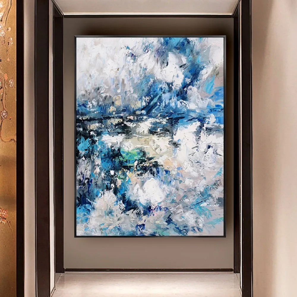 Modern Nordic Home Decor Poster Hand-Painted Beautiful Oil Paintings Blue White Outline Canvas Picture Abstract Wall Deco Art
