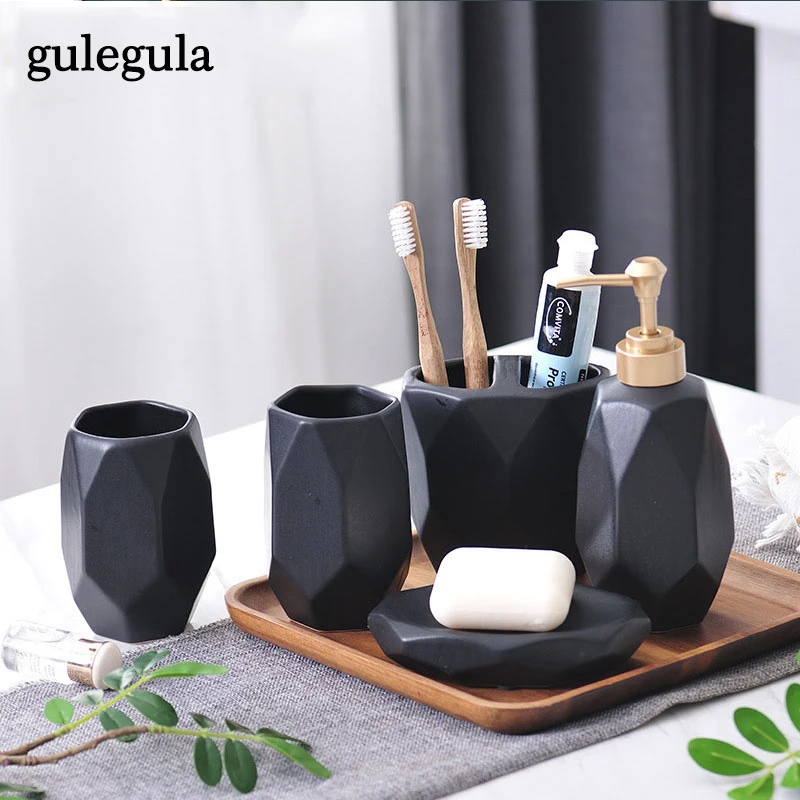 

Ceramic Bathroom Accessories Sets Decoration Mouthwash Cup Toothbrush Holder Shampoo Dispenser Soap Dish Toilet Shower Organizer