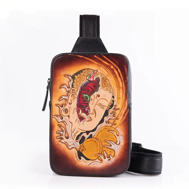 

Handmade Vegetable Tanned Leather Shoulder Engraving Bag Cowhide Hand-carved Between evils Chest Bags