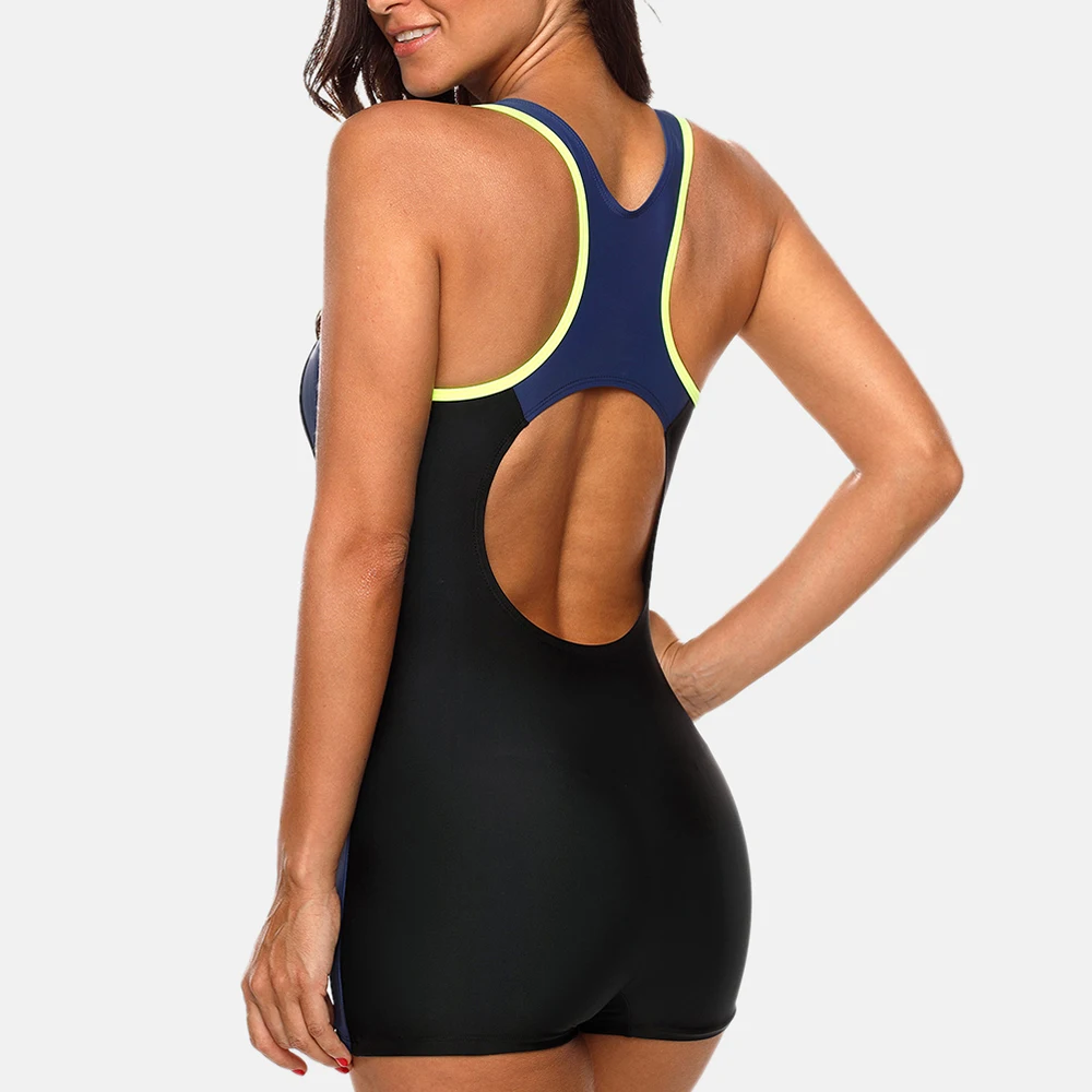 Attraco Women Sports Swimwear One Piece Sports Swimsuit Colorblock Swimwear Open Back Beach Wear Sports Bathing Suits Fitness