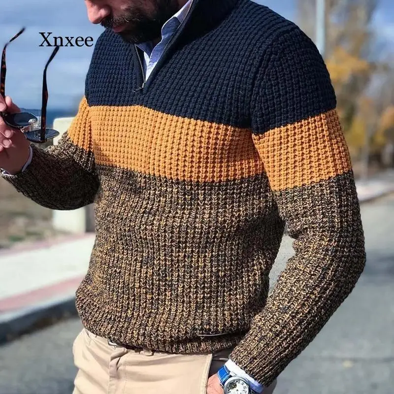 

Explosive Men's Clothing 2020 Autumn New Men's Sweater Long-Sleeved Color Matching Stand-Up Collar Sweater Men