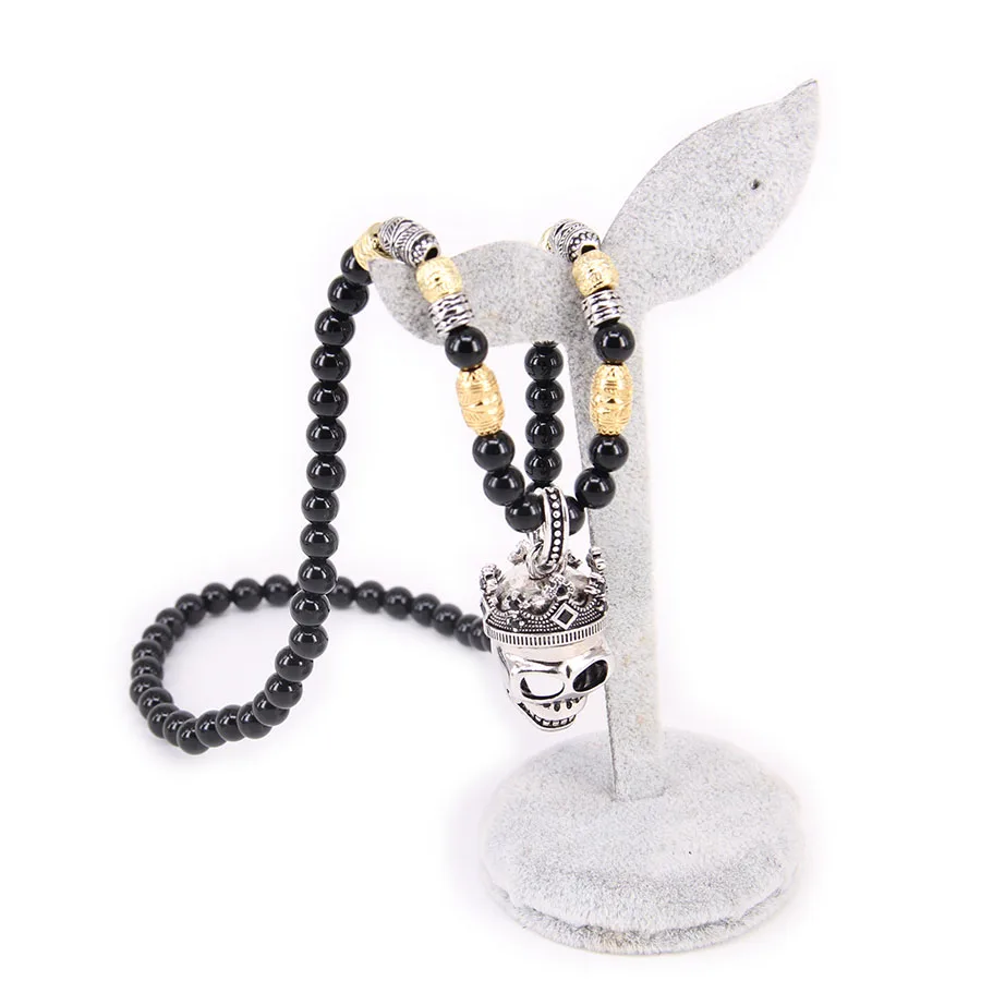 Thomas Black Beads and Big Skull  Pendant Necklace, Rebel Heart Jewelry Gift For Women and Men TS-N39