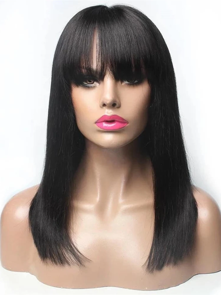 Peluca de cabello humano con flequillo para mujeres negras, Bob corto, 100%, barato, brasileño, negro, recto, 28, 30 pulgadas