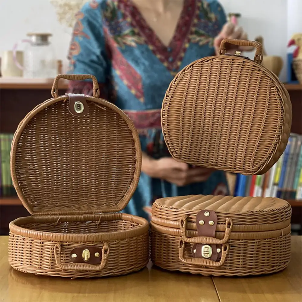 Vintage Suitcase Rattan Storage Box Large Capacity Round Handmade Rattan Box Woven Multifunctional Storage Cases Wicker Basket