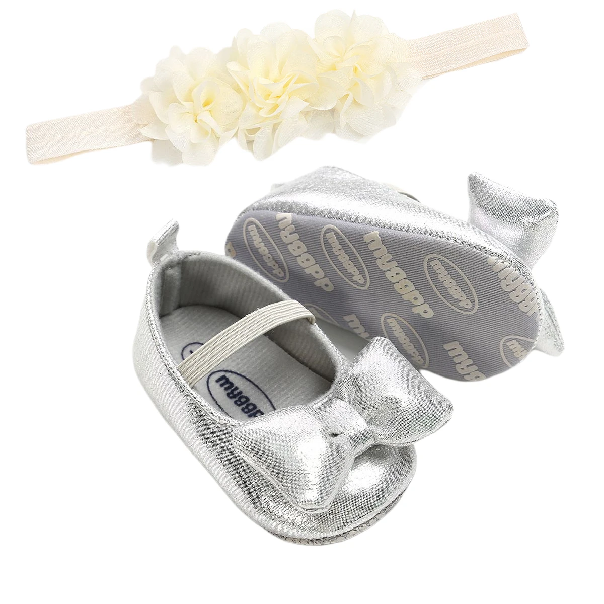 2020新幼児ベビー靴とヘッドバンド子供アンチスリップpuレザー靴 + ソリッドカラーの花帽子ベビー2個服セット