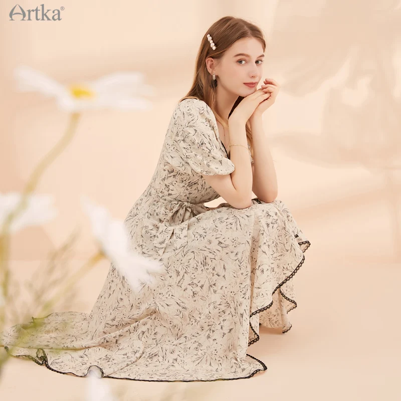 

ARTKA 2021 Summer New Elegant V-Neck Floral Chiffon Dress Female Puff Sleeve Irregular Ruffle Midi Dresses With Belt LA22811X