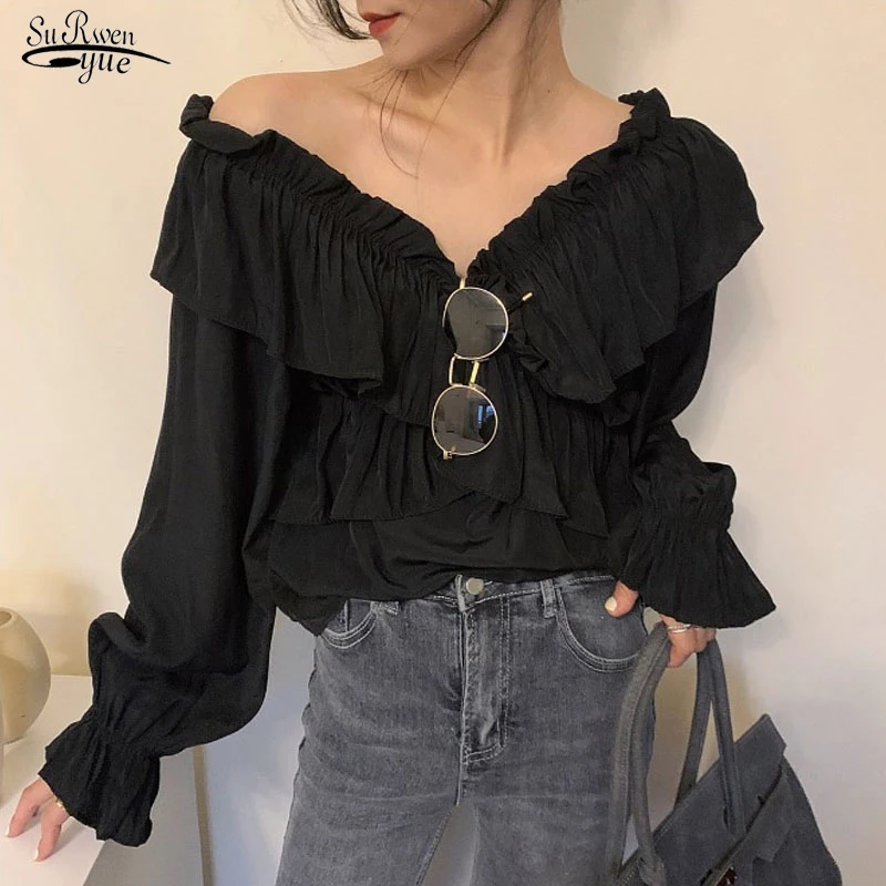 

French Ruffle Stitching Elegant Blouse Women V-Neck 2021 Autumn Long Sleeve Chiffon Shirt Ladies Tops Sexy Blusas Mujer 15619