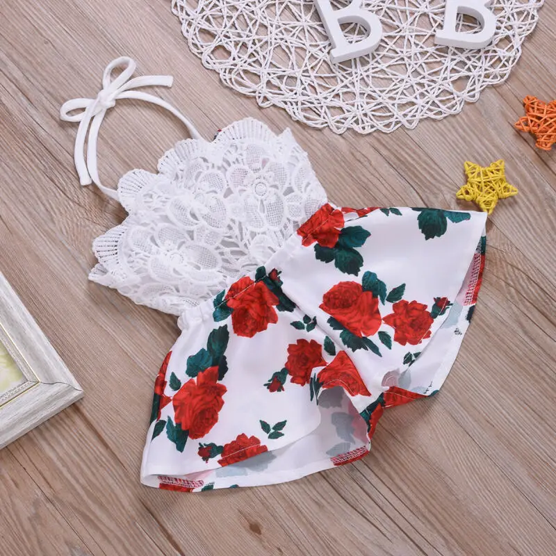 Newborn Baby Girl Clothes Sleeveless Lace Flower Print Strap Romper Jumpsuit One-Piece Outfit Summer Clothes