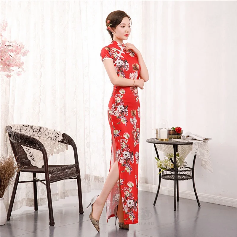 Nova mulher longo cheongsam vestido floral magro vintage vestidos de verão fina sexy qipao s para 4xl verde vermelho