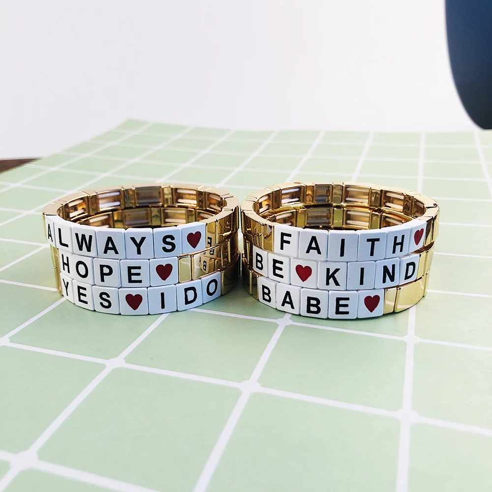 New Fashion Gold Color Enamel Tile Mama Elasticity Bracelet Gold Mom Bracelet Mothers Day Gift New Mama Handmade Gifts
