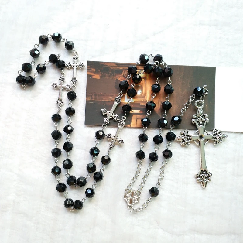 QIGO Black Crystal Rosary Necklace Long Cross Pendant For Men Women Religious Jewelry