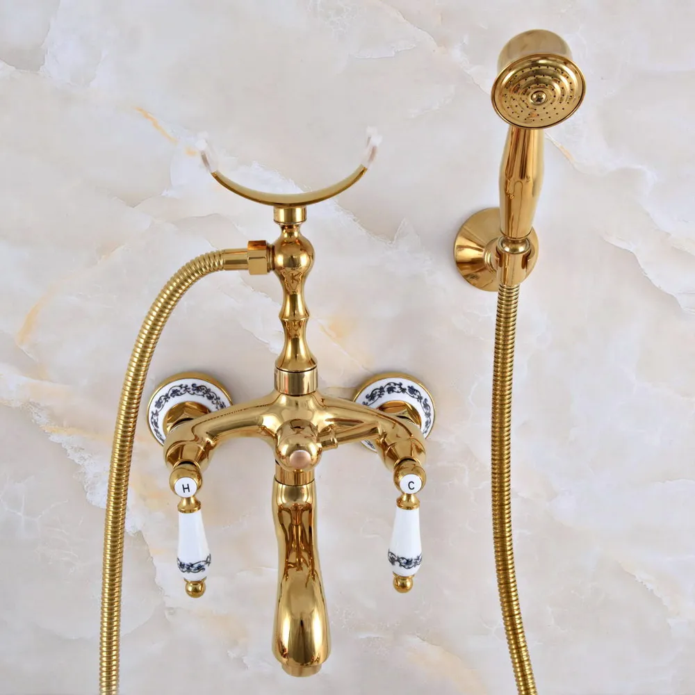 Polished Gold Brass Double Handle Wall Mounted Bathroom Bath Tub Faucet Set with 150CM Hand Held Shower Spray Mixer Tap 2na961