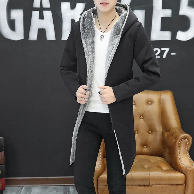 

Army Green Pop Zipper Long Mens Coats For Winter Velvet Hooded Cardigan Fur Warm Winter Jackets Slim Fit Steampunk Trench Coats