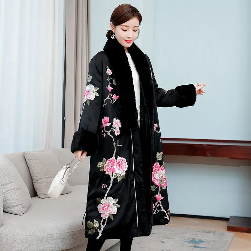 Chinese Style Winter Jacket For Women Fur Collar Padded Coat Fashion Retro Printing Long Cotton Outwear Abrigos M1143