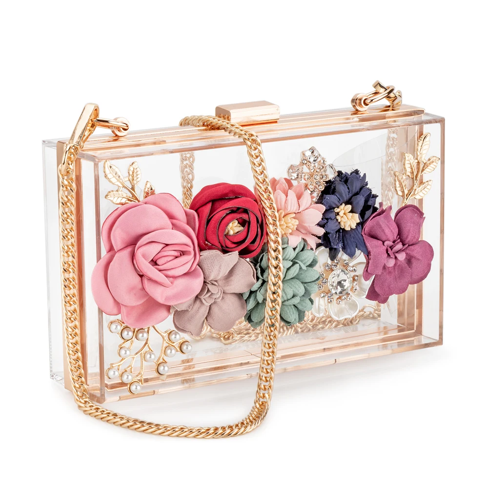 Women Acrylic Flower Clutches Crossbody Purse Evening Bags Chain Strap For Wedding Prom Banquet Ideal-gift Golden Frame