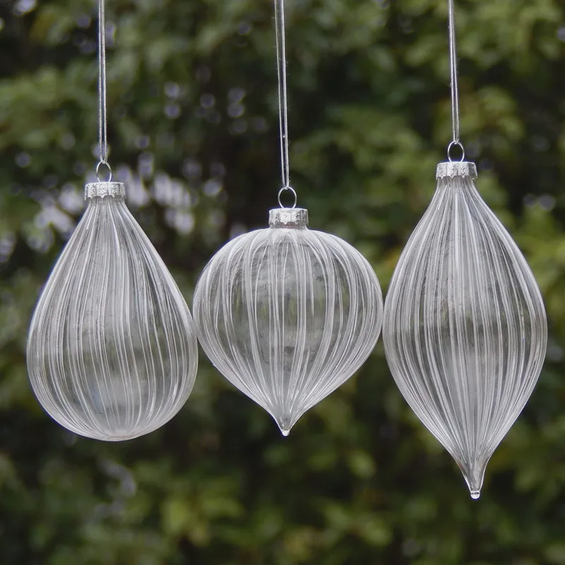 16pcs/pack Diameter=8cm Small Size Onion Shaped Transparent Striped Glass Pendant Home Decoration Christmas Day Tree Hanger