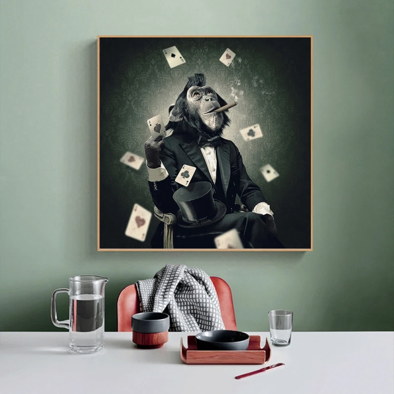 Smoking Monkey Canvas Paintings Wall Art Cool Animals Ape Playing Cards Posters and Prints Wall Pictures for Home Decoration