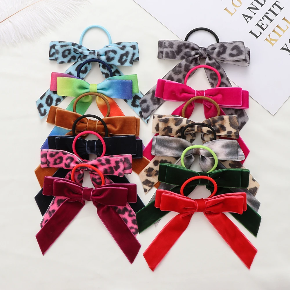 Korean Girls Hair Accessories Hair Rope Velvet Scrunchie leopard Elastic Hair Bands For Women Bow Ties Ponytail Holder Headband