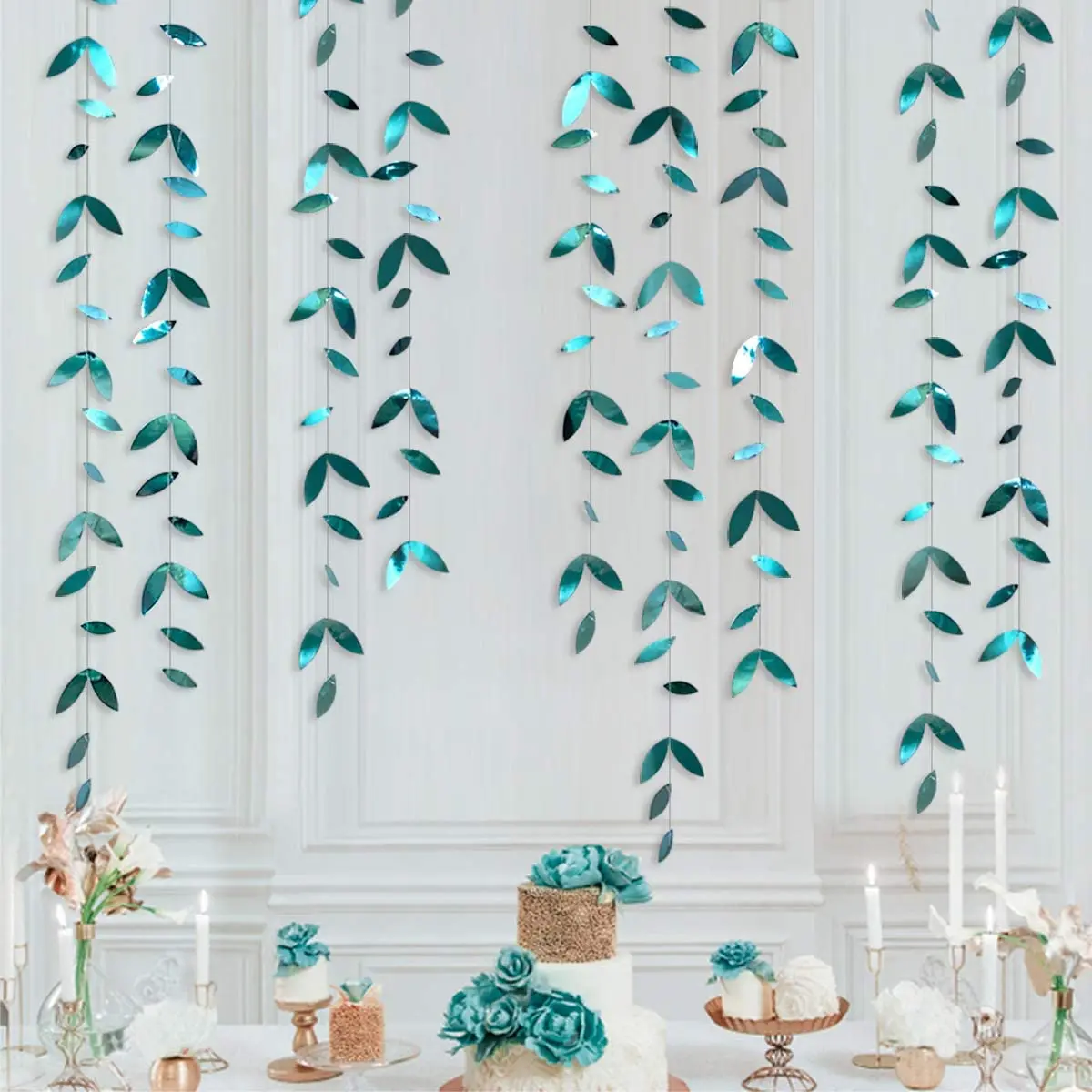 4M Dark Emerald Green Leaf Garland Paper Hanging Leaves Streamer Teal Blue Banner for Summer Wedding Birthday Party Decorations