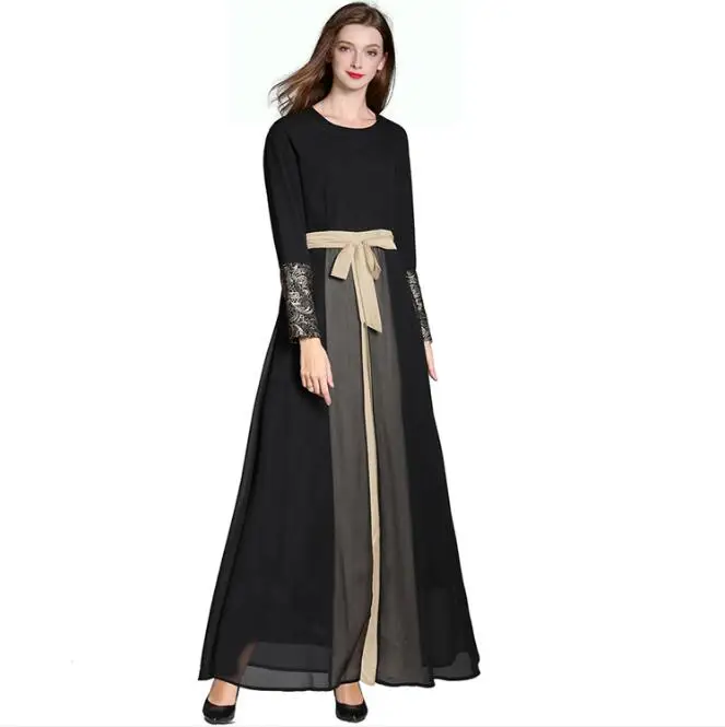 Summer Brand New Muslim Female Black Lace Spring Women Fashion Casual Bow belt Round neck long sleeve chiffon Dress