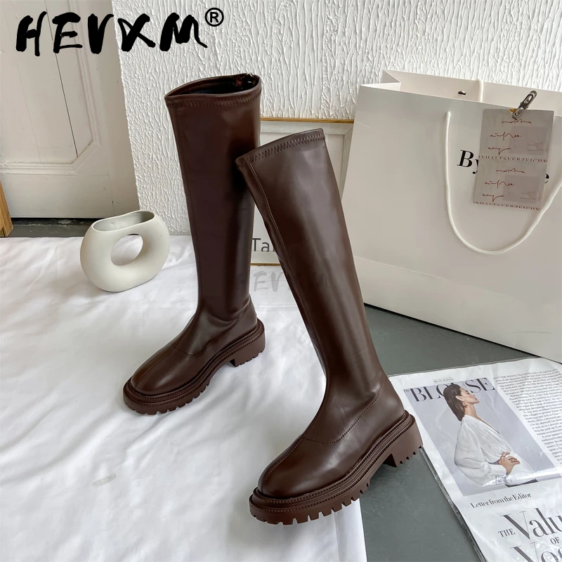 Women Platform Boots 2023 Winter Gothic Shoes Long Boots Women Fashion Black Beige Mid Calf Boots Round Toe Slip on Riding Boots