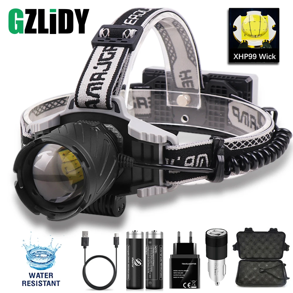 

Powerful LED Headlamp High Power XHP99 Headlight USB 18650 Head Flashlight Zoom Waterproof Fishing Lantern with Power Display