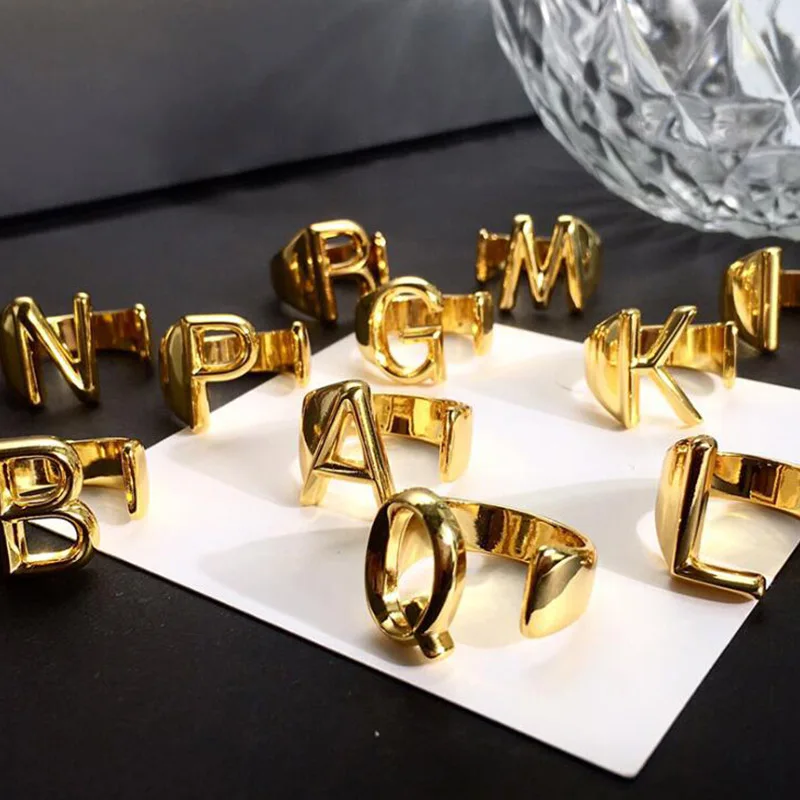 Hot Hollow A-Z Letter Gold Color Adjustable Opening Ring English Letters Initials Name Alphabet Female Party Trendy Jewelry