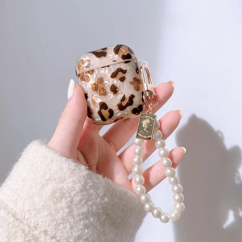 Padrão de leopardo caso fone de ouvido para apple airpods 1 2 pro 3 novo 2022 2rd gen bluetooth fone de ouvido caixa capa pérola pulseira chaveiro