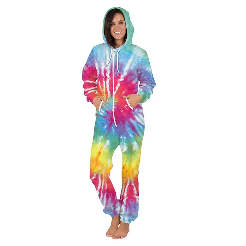 Women Men Autumn Plus Size Tie-Dye 3D Print Hooded Zipper Fleece Jumpsuit Fashion Casual Loose Romper Overalls Sleepwear Onesie