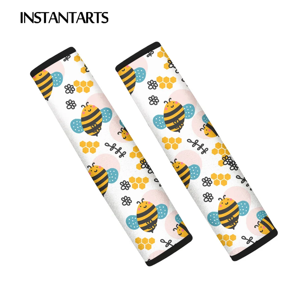 INSTANTARTS Cute Little Bee Printed Comfortable Car Accessories Automotive Seat Belt Pads 2pcs Seat Belt Shoulder Strap Covers