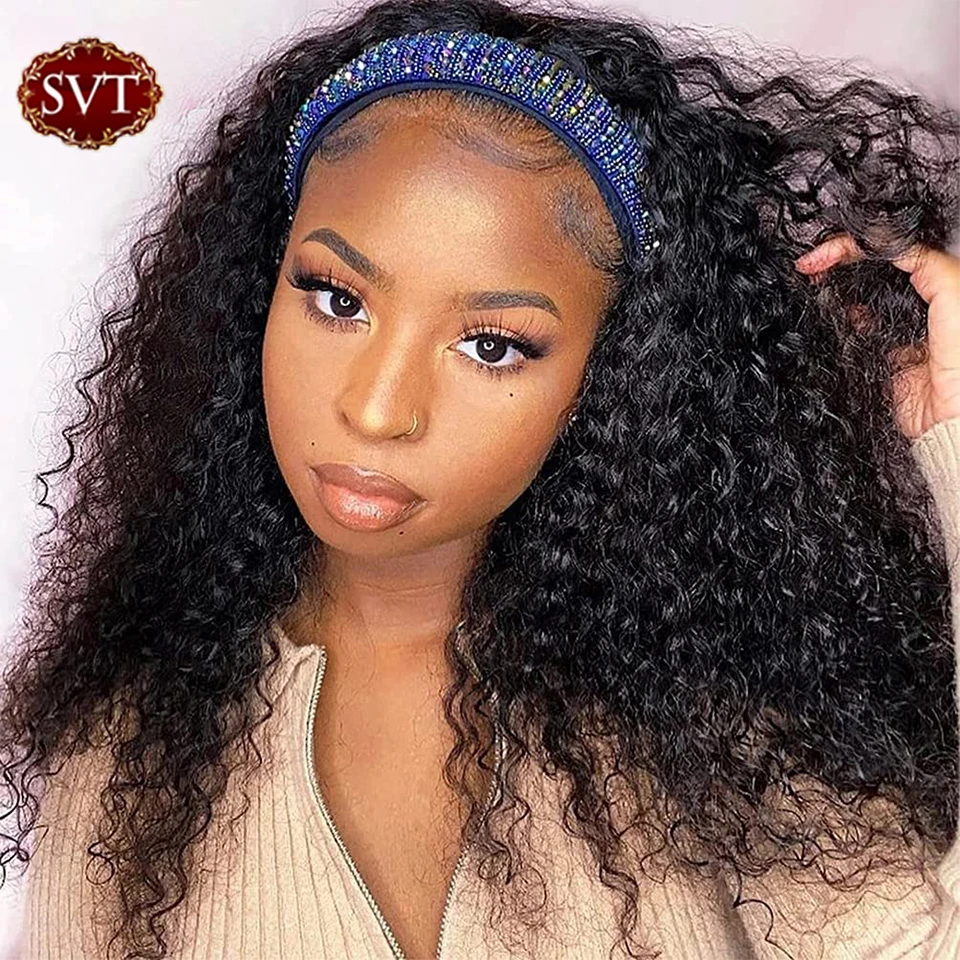 SVT Human Hair Headband Wig Curly Human Hair Wigs For Women Glueless Full Machine Made Peruvian Remy Human Hair Scarf Wig 180%