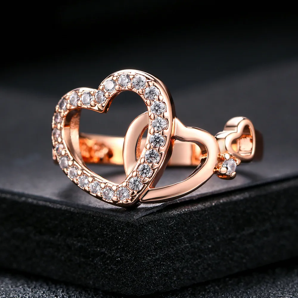 Top Quality Gold Romantic Dual Hearts Crystal Love Ring Rose Gold Color Austrian Crystals Full Sizes ZYR154 ZYR155