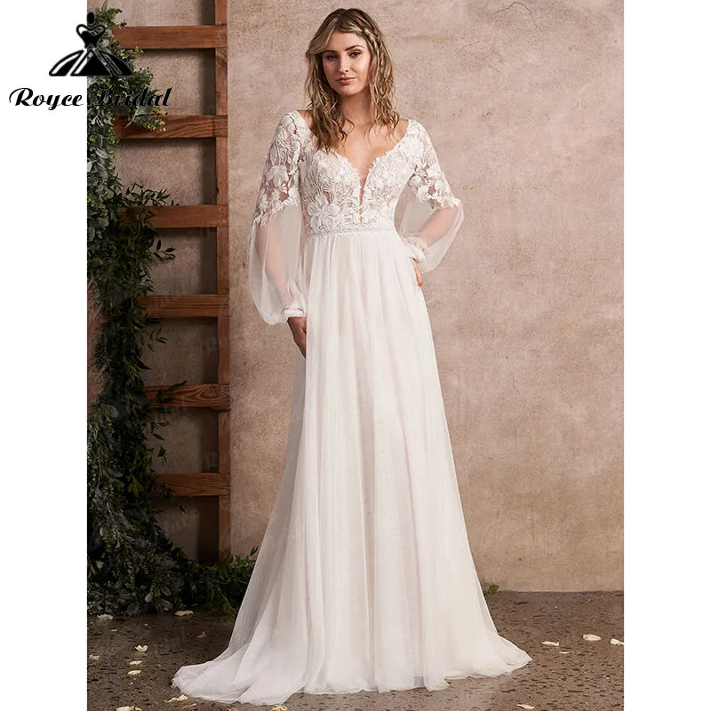 Robe Vintage Beach A Line Boho Wedding Dress with Long Puff Sleeve Deep V Neck Backless Lace Top Tulle vestido de noiva 2022