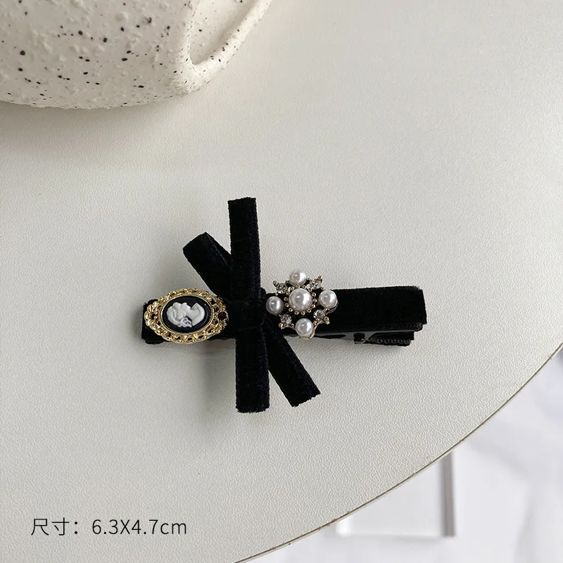 New France Black Bow Pearl Hair Accessories Hair Clips Pins Elegant Daily Bowknot Imitation Pearl Headwear Barrettes Spring Clip