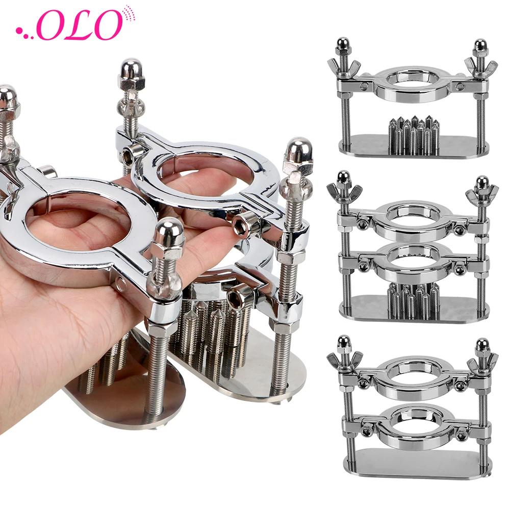 OLO Scrotum Stimulation Lock Cock Ring Stretcher Testicle Clamp Metal Spike Penis Ring Clamp Male Chastity Training Device