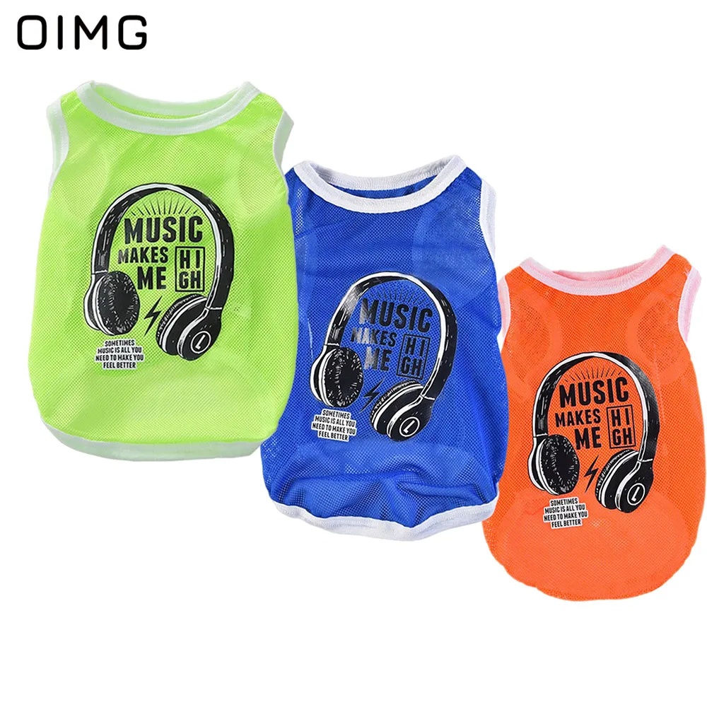 OIMG Funny Small Dogs Clothes Teddy Chihuahua French Bulldog Music Headset Print Cat Dog Shirts Mesh Breathable Puppy T-shirts