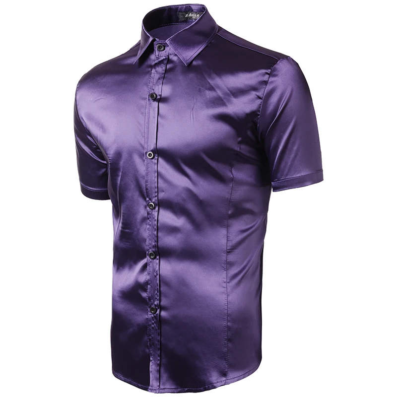 Elegante camisa de cetim preto dos homens 2020 verão manga curta seda como camisas de vestido dos homens casual festa casamento evento baile chemise homme