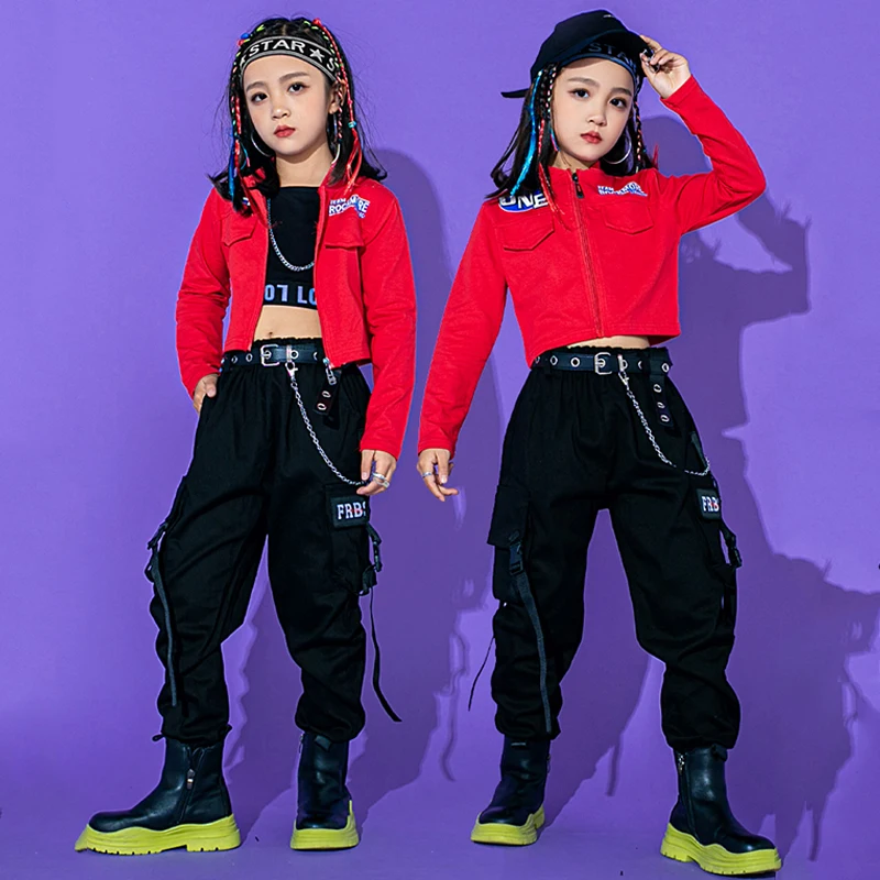 Girls' Jazz Hip-Hop Dance Costume Short Jacket Cargo Pants Black Street Wear Modern Dance Clothes Stage Show Rave Wear BL7573