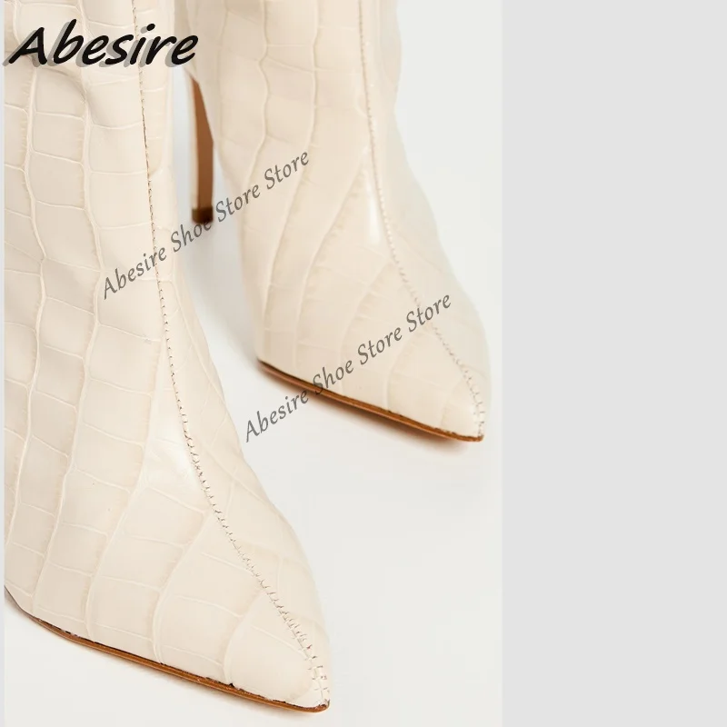 Abesire Long Boots Beige Mid Calf Stone Print Pointed Toe Boots Slip On Thin High Heel Women Boots Solid New Autumn Winter Shoes