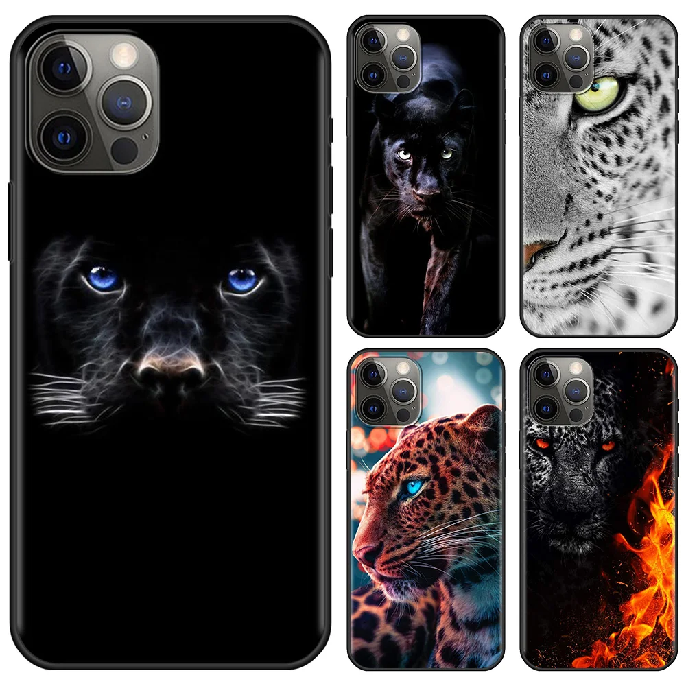 Cellphone Cover For iPhone 15 12 Mini 11 Pro X XS Max XR 8 7 Plus SE Black TPU Fundas Silicone Capa Panther Cheetah