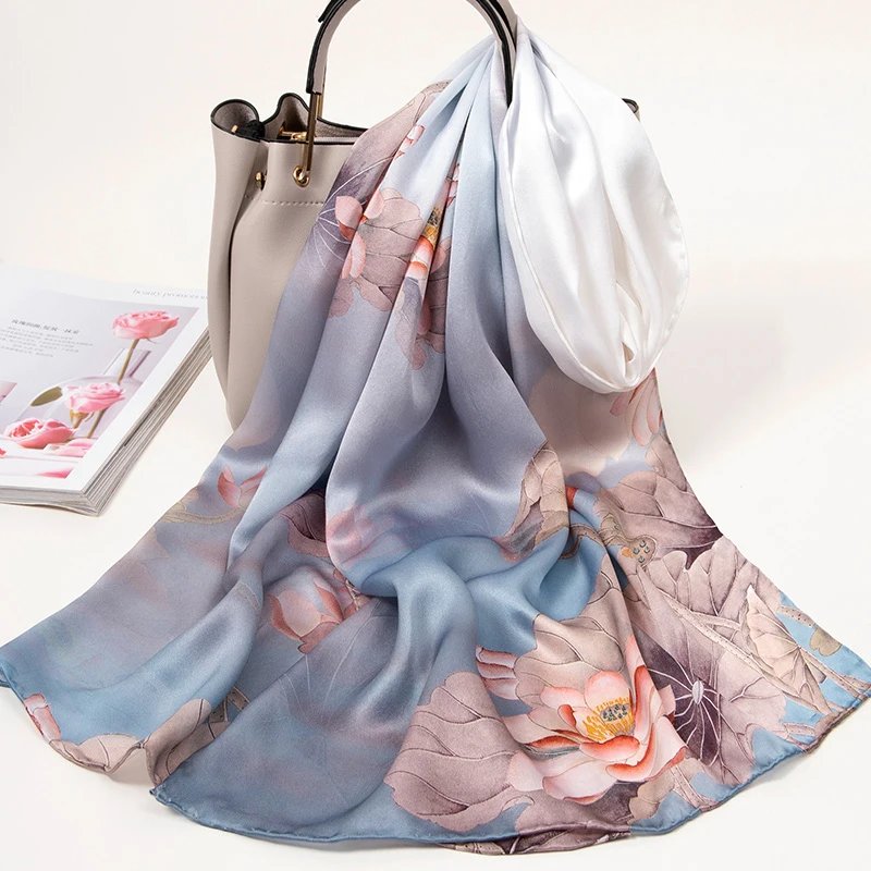 Women 100% Real Silk Long Scarf Luxury Flower Print Chinese Silk Headband Scarves  Natural Silk Shawls Wraps Foulard Femme