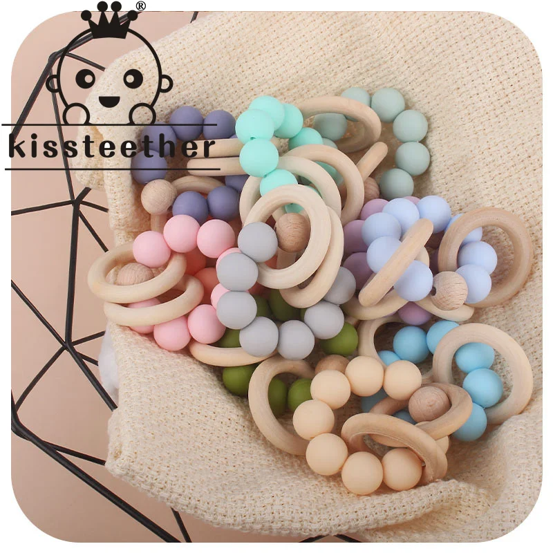 Kissteether New Wood Ring Baby Teether Nursing Bracelet Food Grade Silicone Beads Teething  Infant Newborn Chews Toys Gift