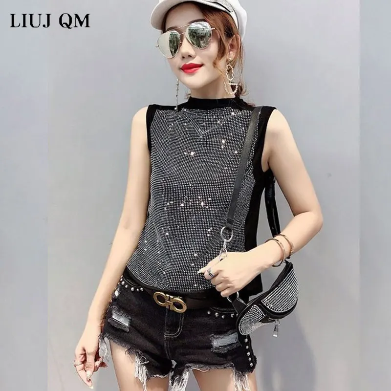 2024 New Summer Casual Loose Korean Clothes Harajuku Diamonds T-shirt Women Cotton Fashion Sleeveless Tops Ropa Mujer Shirt Tees