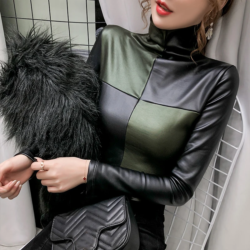 Blusa de cuello alto de gran tamaño a la moda para mujer, jerséis ajustados a cuadros de retales, camisa de cuero PU, Tops elásticos de terciopelo