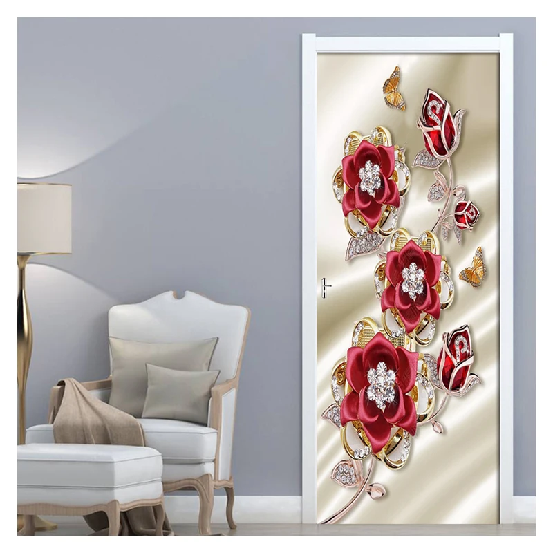 2Pcs/Set 3d Sterling Jewelry Red Flower Wall Door Sticker Self-adhesive Waterproof 3D Wallpaper Decals Decor Door Wall Stickers