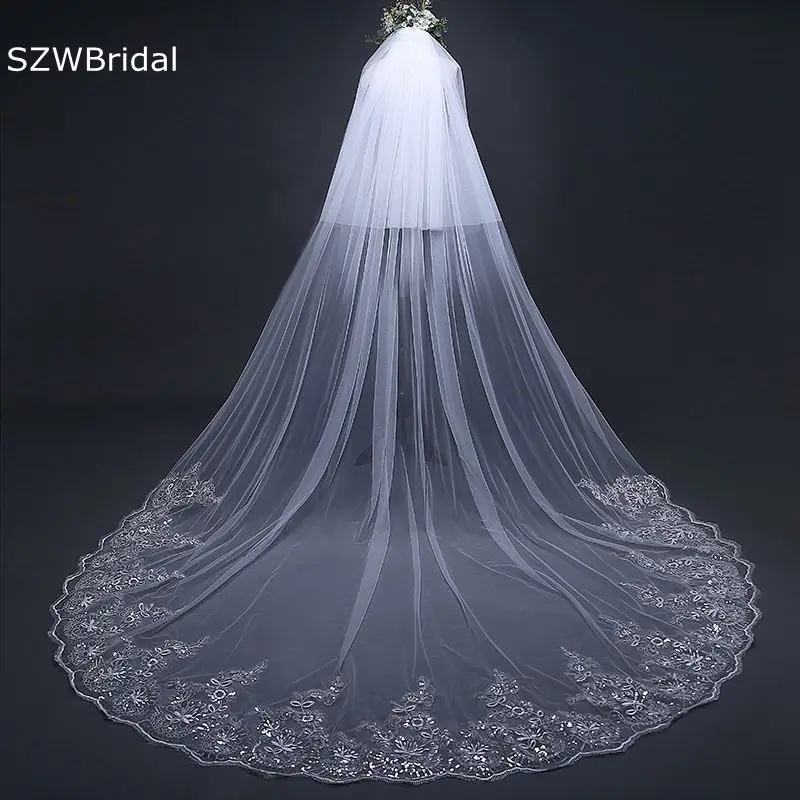 Neue Ankunft Weiß Elfenbein Kathedrale Hochzeit Schleier Zwei Schichten mit Kamm Spitze Applique Matrimonio Hochzeit zubehör Hochzeit Schleier