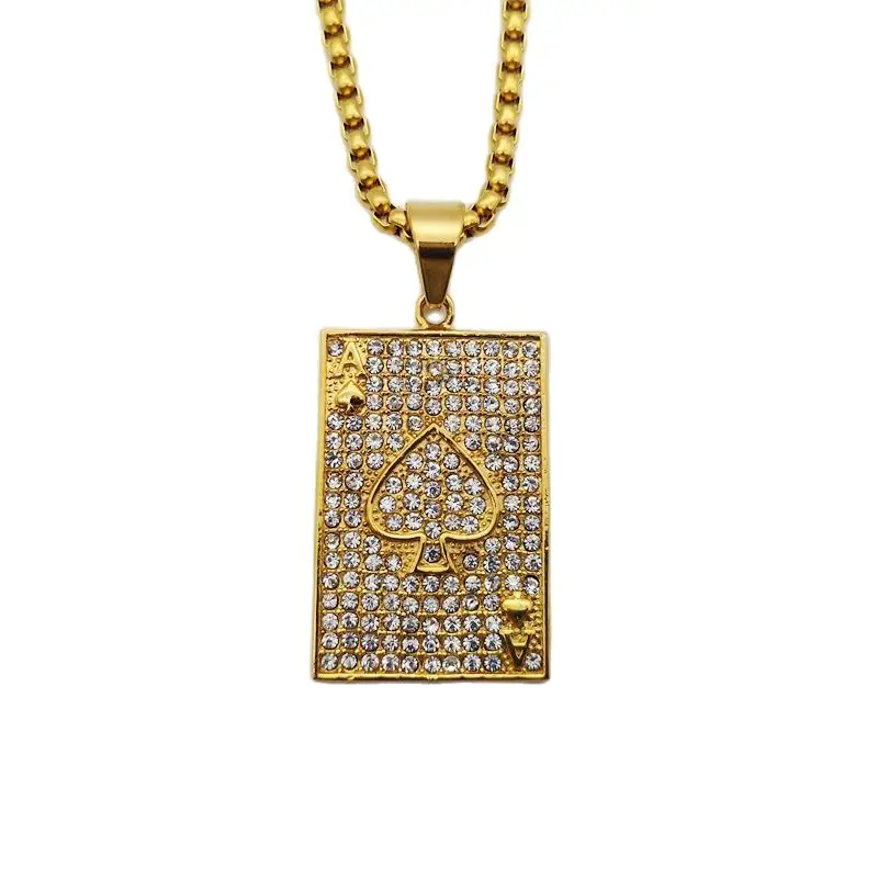 Bling Bling Full rhinestones poker Spade pendant necklace Gold color stainless steel iced out spade necklace hip hop BLKN0800