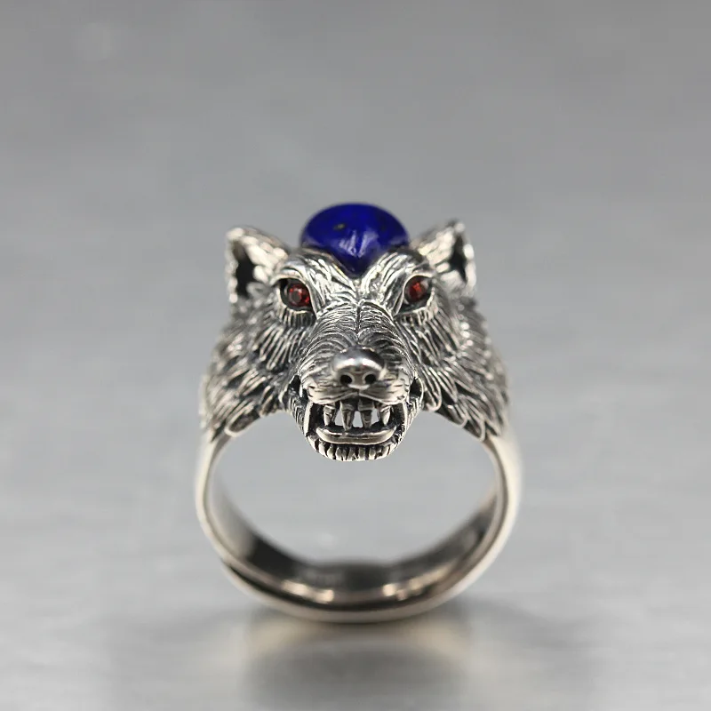 925 Silver Ring, Natural Lapis Lazuli Inlaid With Wolf Head, Old Hand-Carved Silver Ring