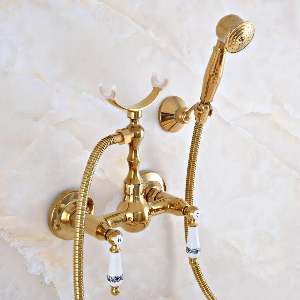 

Luxury Polished Gold Color Brass Wall Mounted Bathtub Faucet with Handheld Shower Set +1500MM Hose Mixer Tap 2na931